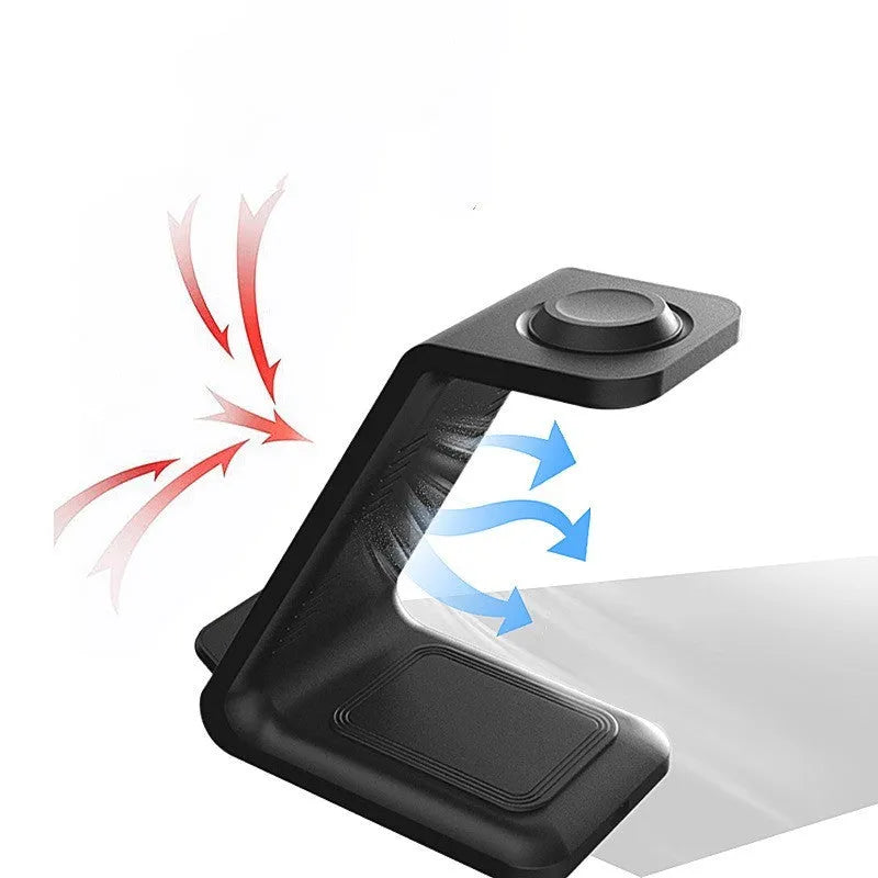 White upright wireless charging stand holding a mobile phone, with a Type-C cable connected.