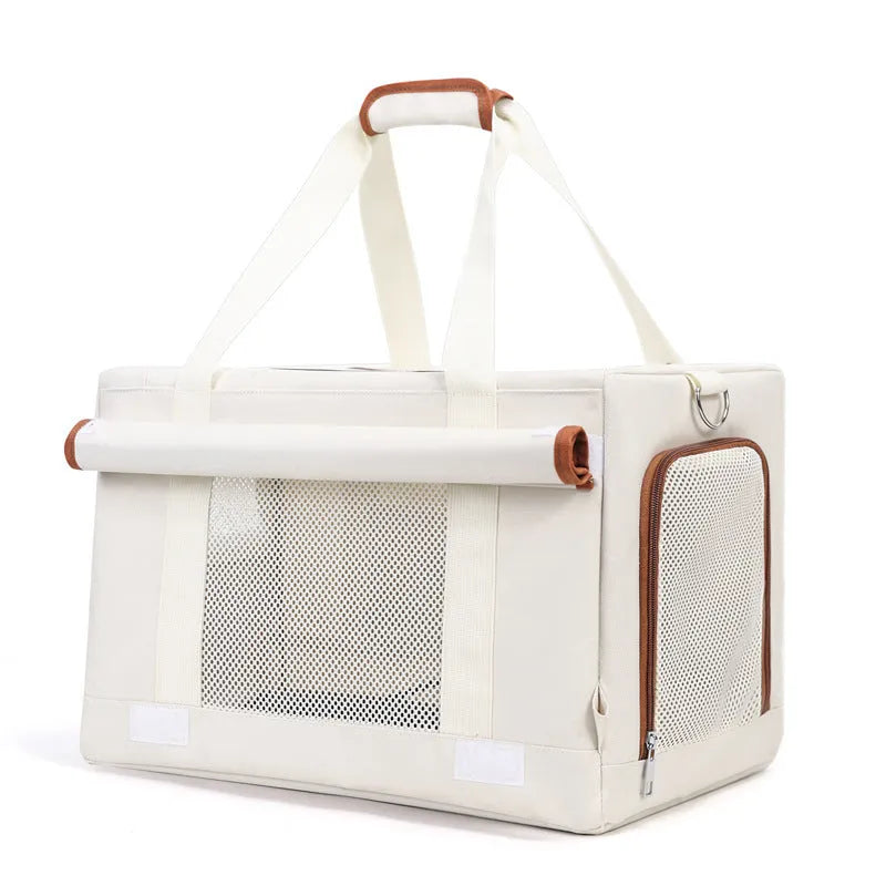 Pet trolley double-deck bus shape cat carrier bag in brown nylon with wheels and top handle
