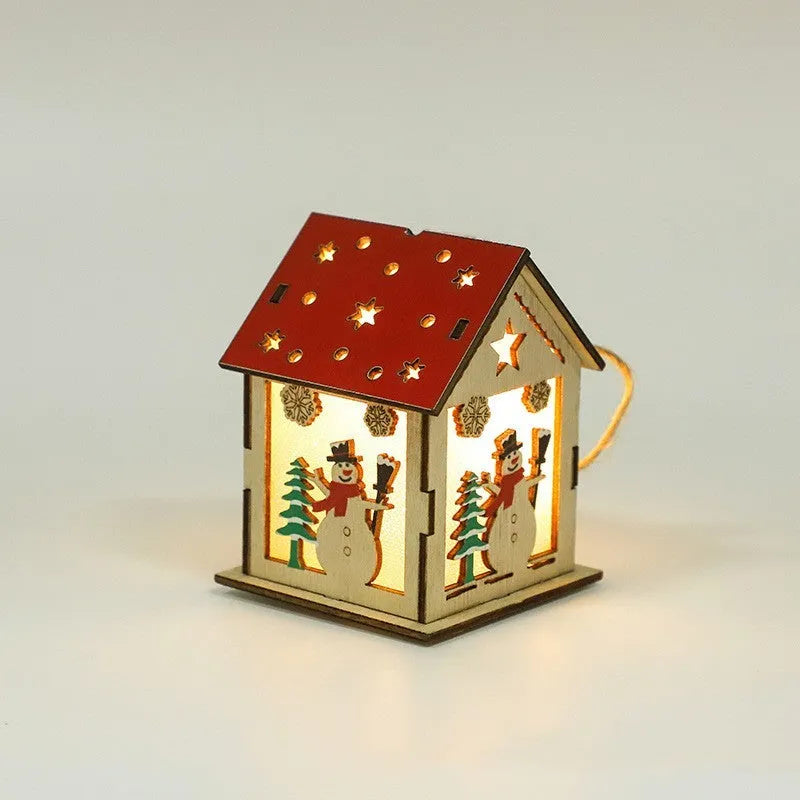 Luminous wooden Christmas pendant, 7cm x 7cm x 9cm, with wick and battery in snowman, Santa or elk style