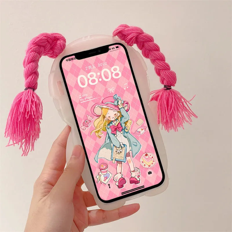 Pink and green cartoon braid swimsuit girl silicone iPhone case for iPhone 11 to 14 models