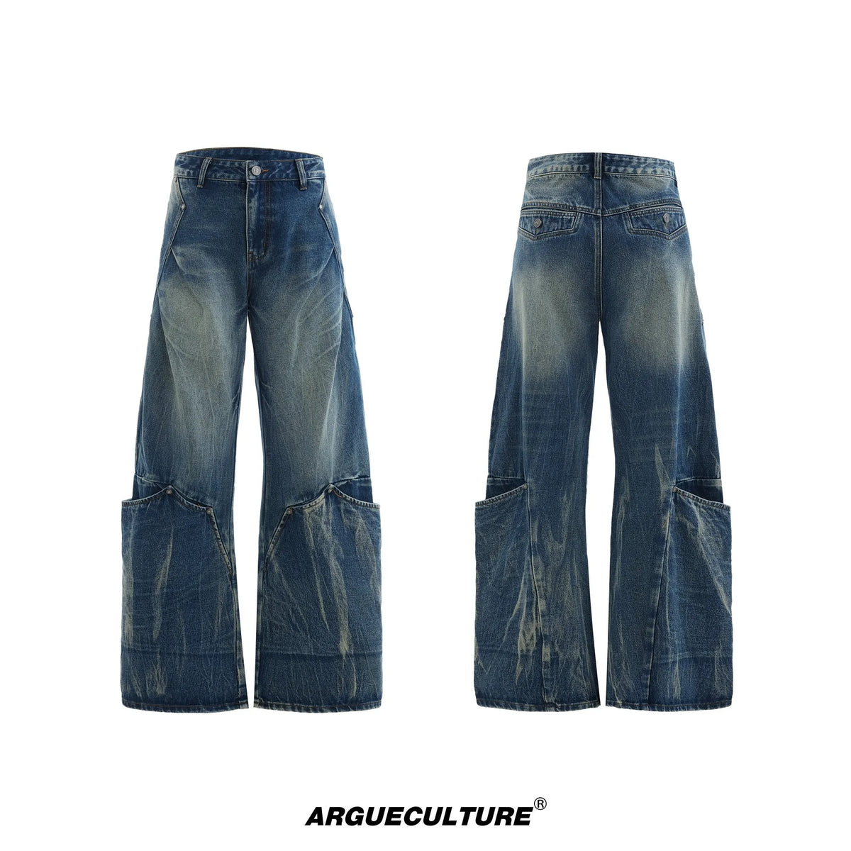 Men's Verdant Blue loose fit jeans with retro washed burst pattern and curved knife design