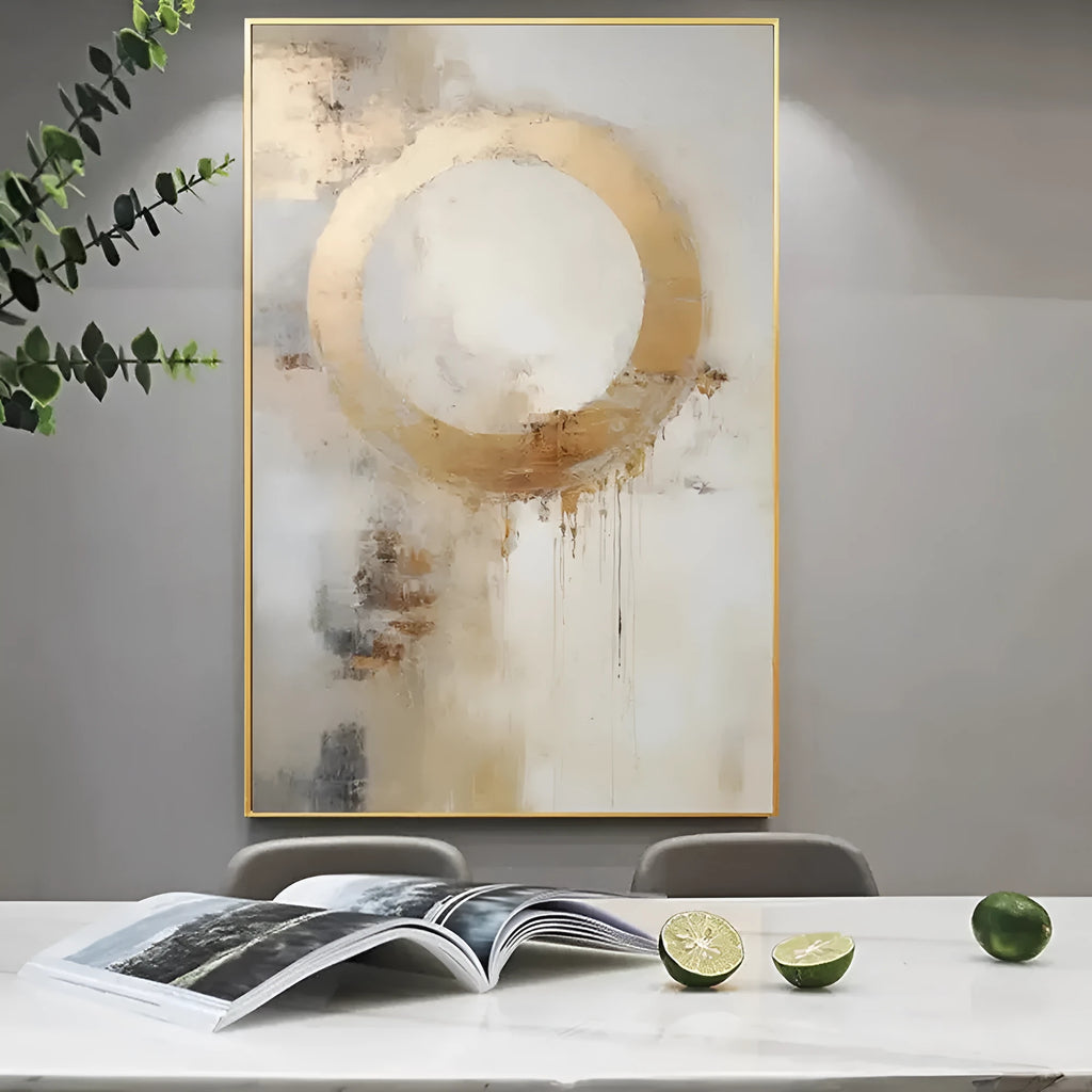 Handmade abstract golden circle oil painting on rolled frameless unstretched canvas for wall art