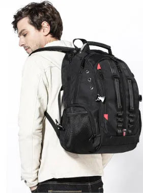 Black 16 inch Oxford cloth backpack with earphone hole, charging port, double shoulder straps and soft handle for notebook or tablet