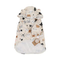 Beige dog raincoat with a cartoon animal print, showing sizing options for waterproof pet wear.