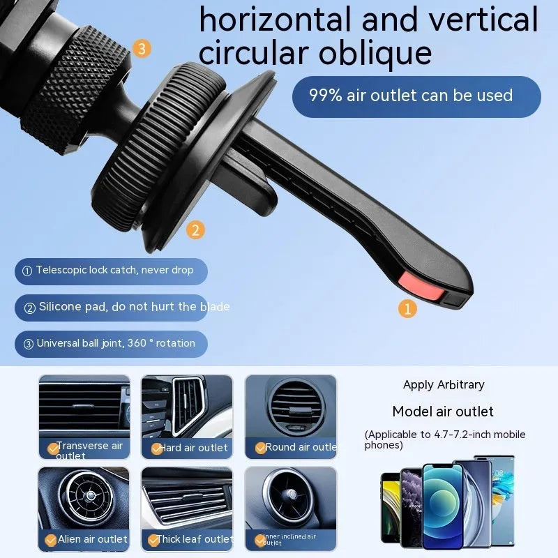 Aluminium alloy car phone holder mounted on vehicle air vent in black colour option