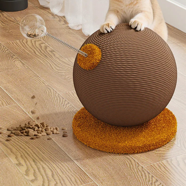 Large and small hemp rope cat scratch board with cat grasping ball or tumbler design.