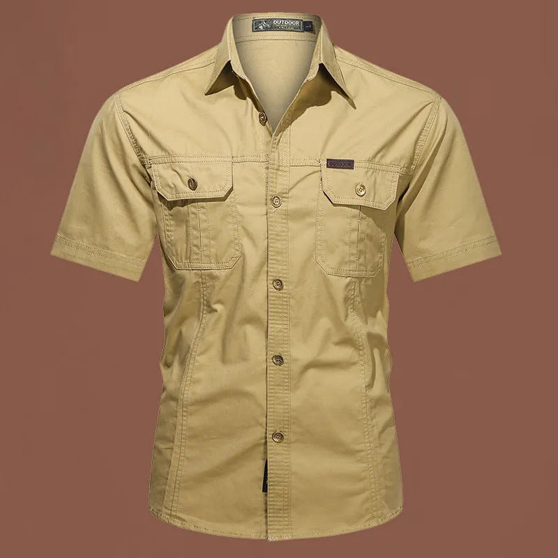 Men's loose-fit short sleeve cotton shirt in army green, laid flat showing cardigan style and non-iron fabric.