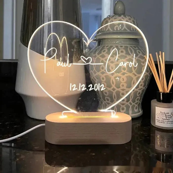 Personalised acrylic night light with custom names and dates, USB powered, modern art design