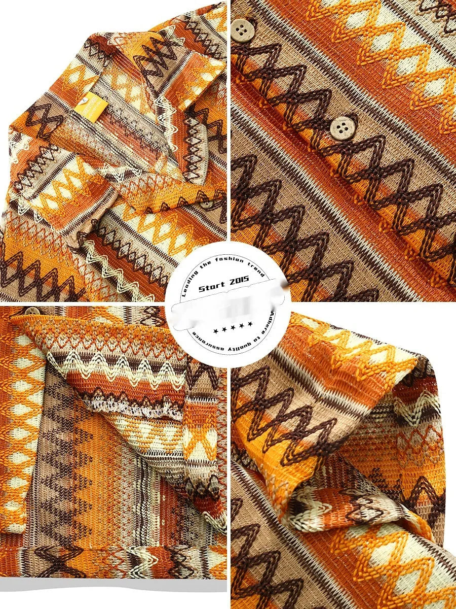 Ethnic woven Cuban collar shirt with contrast colour design and drop-shoulder sleeves
