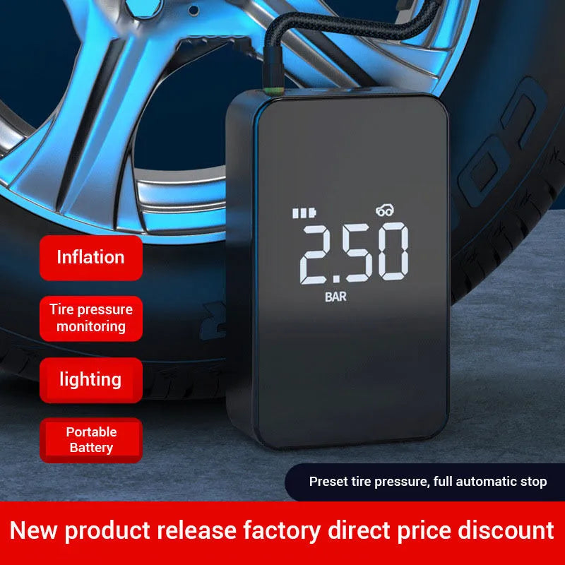 Wireless digital display air pump with compact design and multiple nozzle attachments for tyre inflation