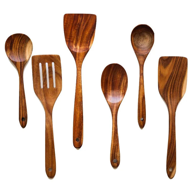 7-piece wooden cooking utensil set for non-stick pans with spoon shovel and six additional tools