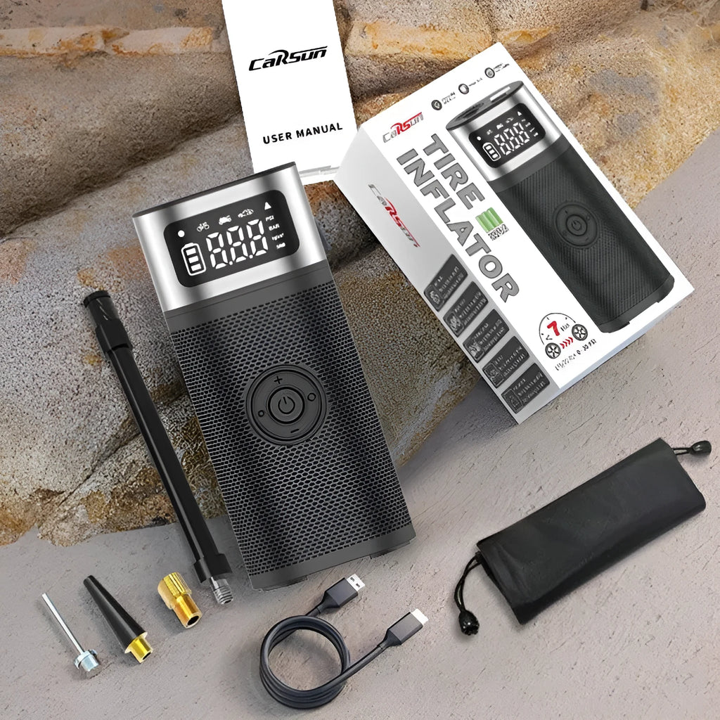 Black portable wireless air pump with 15cm tube and multiple nozzles for vehicle tyres, bicycles and swimming rings