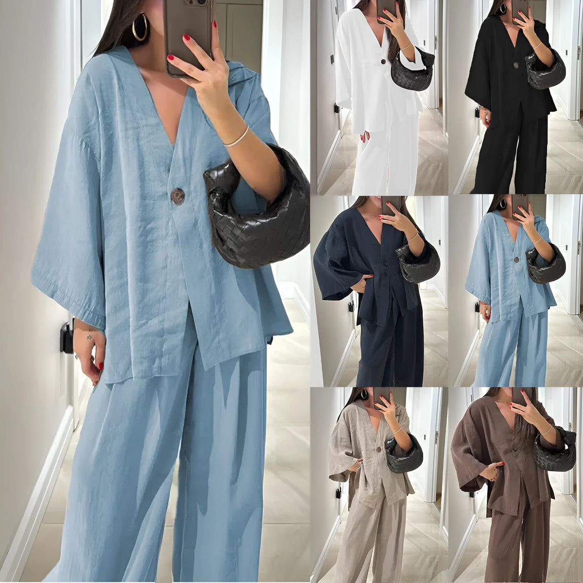 Women's solid colour two-piece set with long sleeve cardigan top and matching trousers, zip and button front, sizes S to XXL