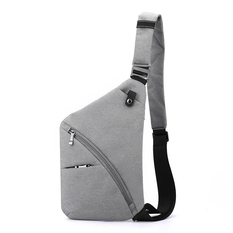 Men's oxford cloth chest bag showing single shoulder strap design in grey and black colour options