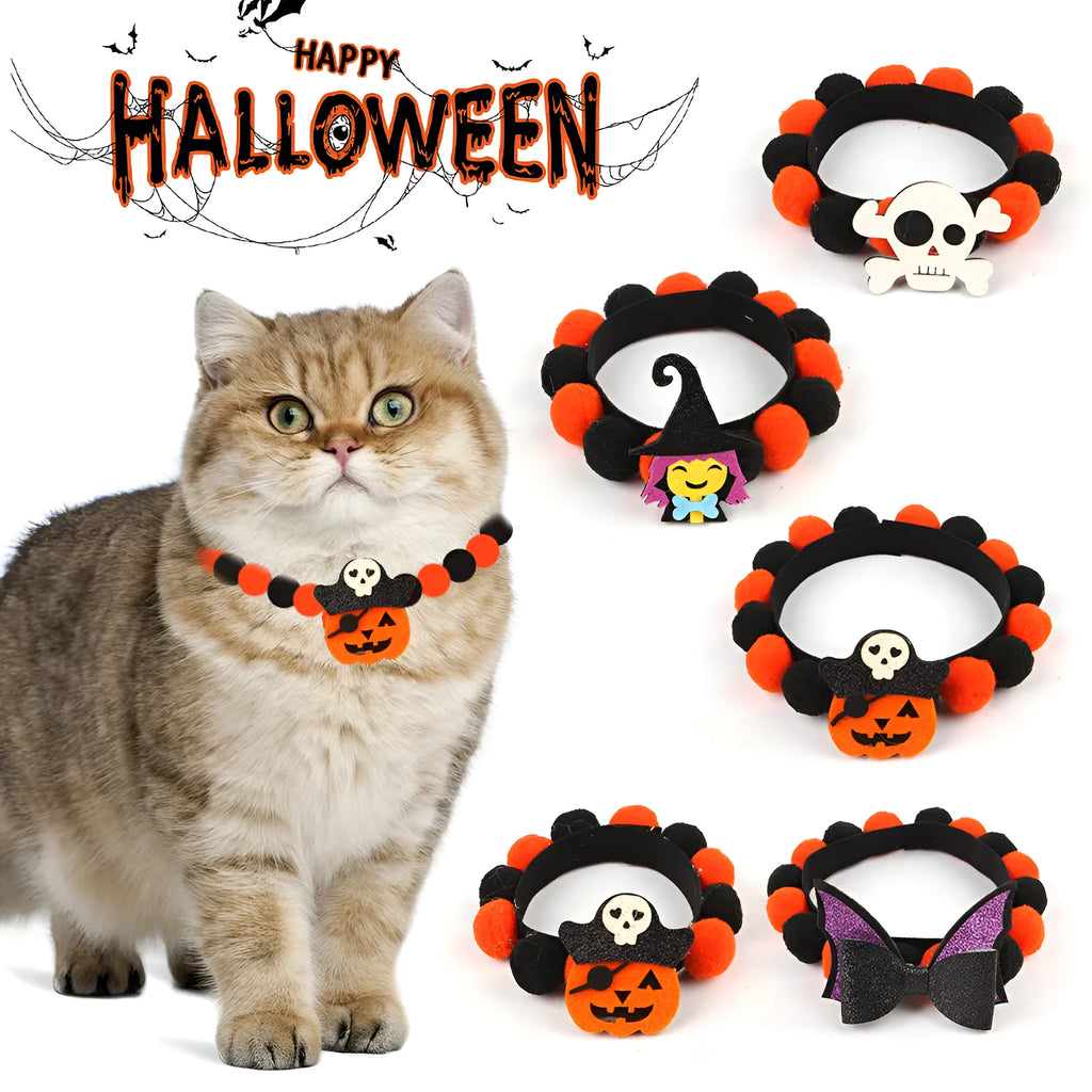 Halloween pet fur ball collar with pumpkin decoration in orange and black festive designs.