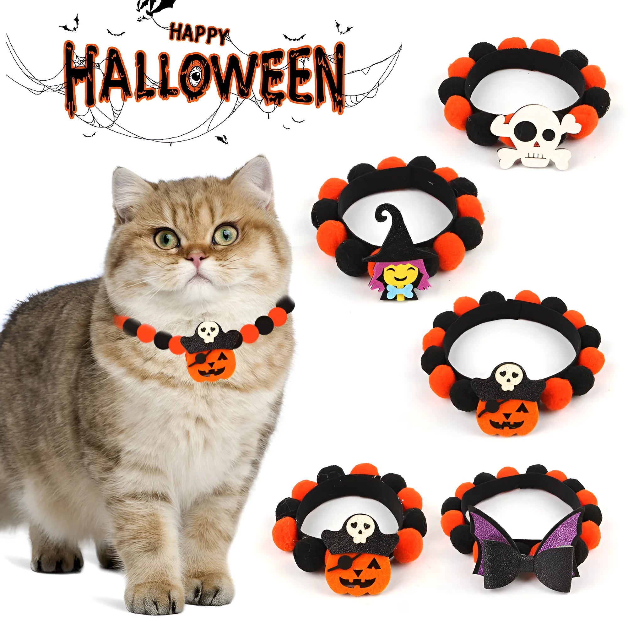 Halloween pet fur ball collar with pumpkin decoration in orange and black festive designs.