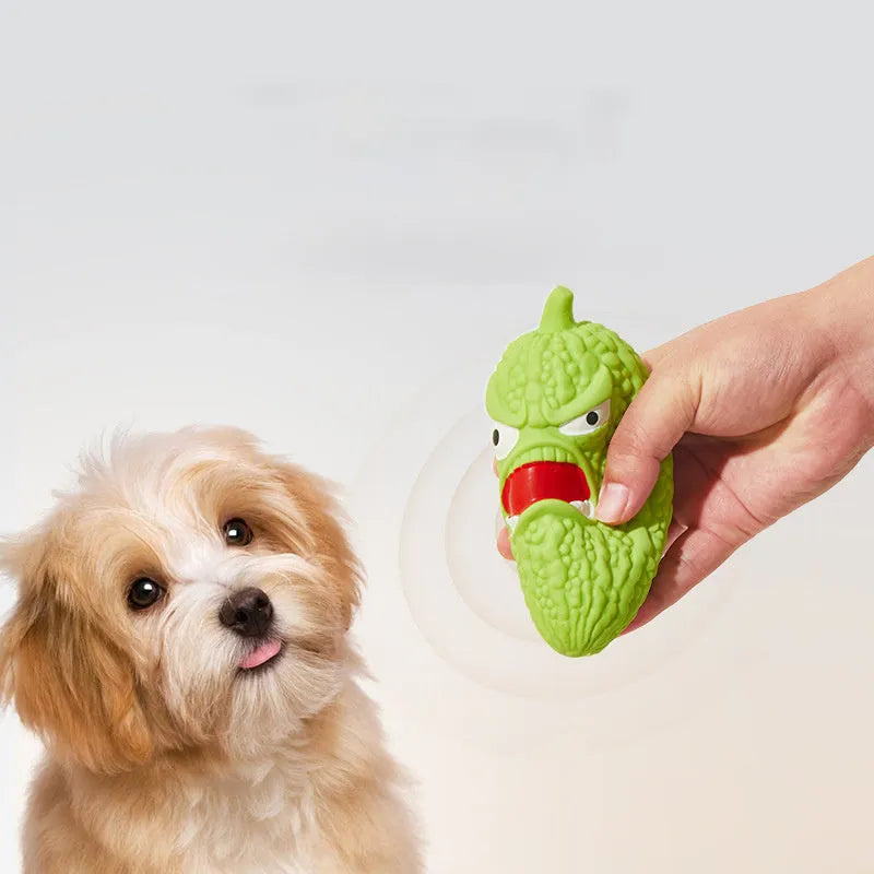 Bitter melon and chili shaped dog toys with textured surfaces for dental cleaning