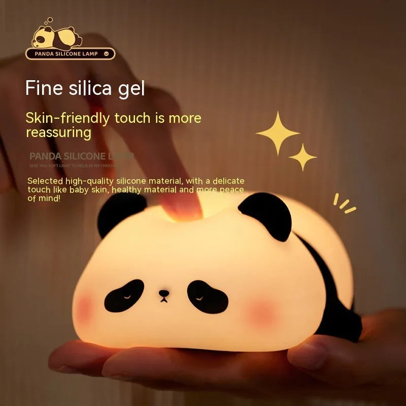 Cartoon panda night light with soft glow, showing BPA-free silicone construction and compact 150x130x80mm dimensions