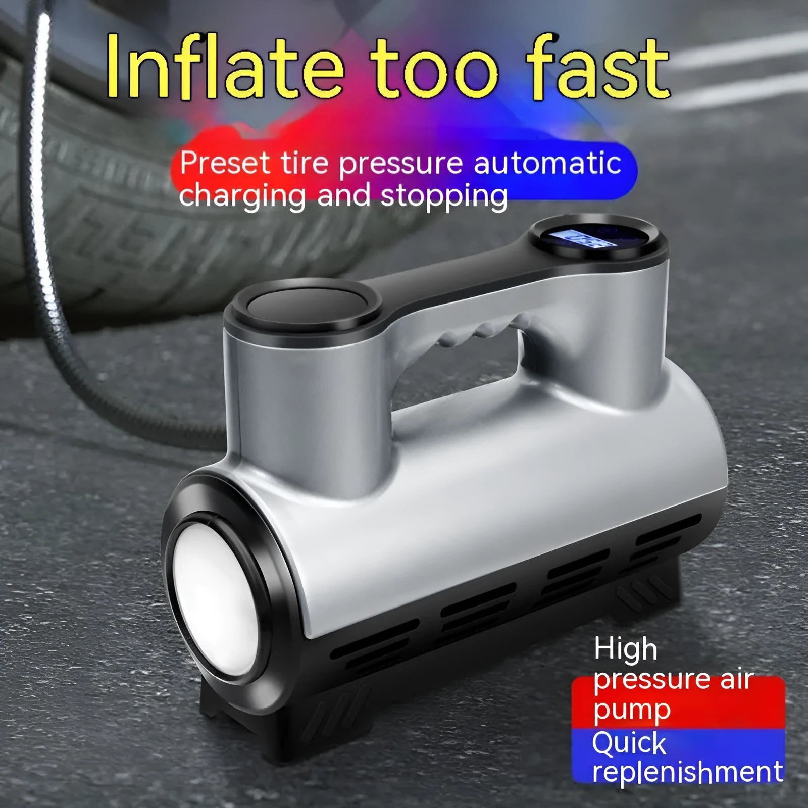 Compact black 12V portable car tyre inflator with digital display and air hose
