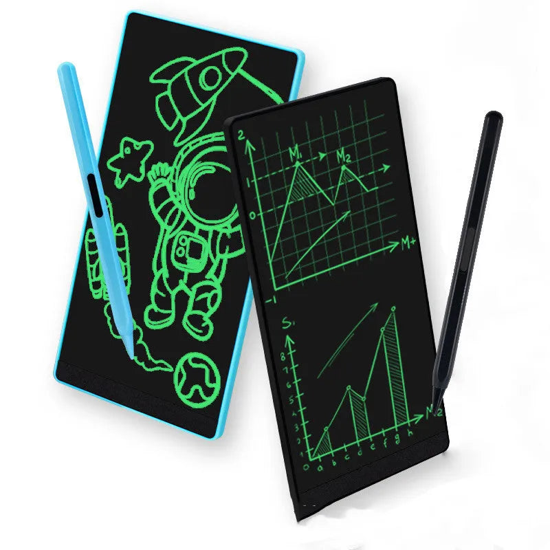 Blue LCD handwriting board with 6.5-inch screen and stylus on a desk.