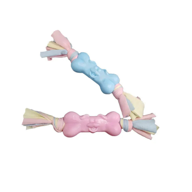 TPR dog bone chew toy with cotton cloth strips, 21 x 8.5 x 3.5cm, pink blue yellow pet molar toy