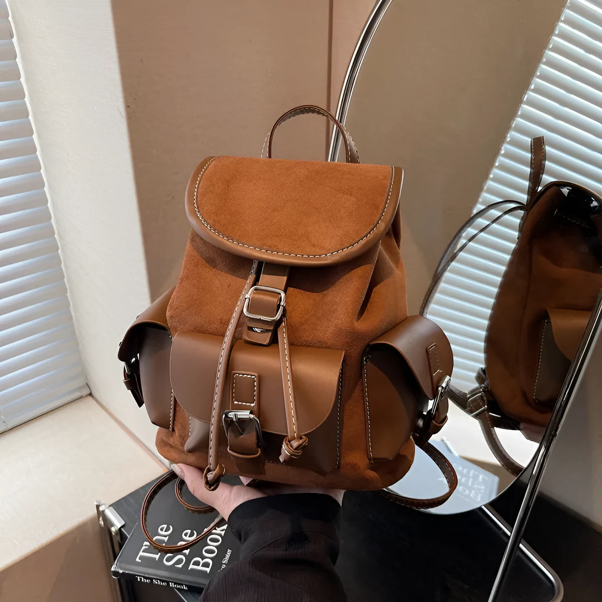 Women's retro textured PU backpack with zipper replacement and file pockets, available in black, beige, brown, and coffee.
