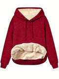 Women's thick polyester hooded sweater in wine red with 3D pattern and loose fit