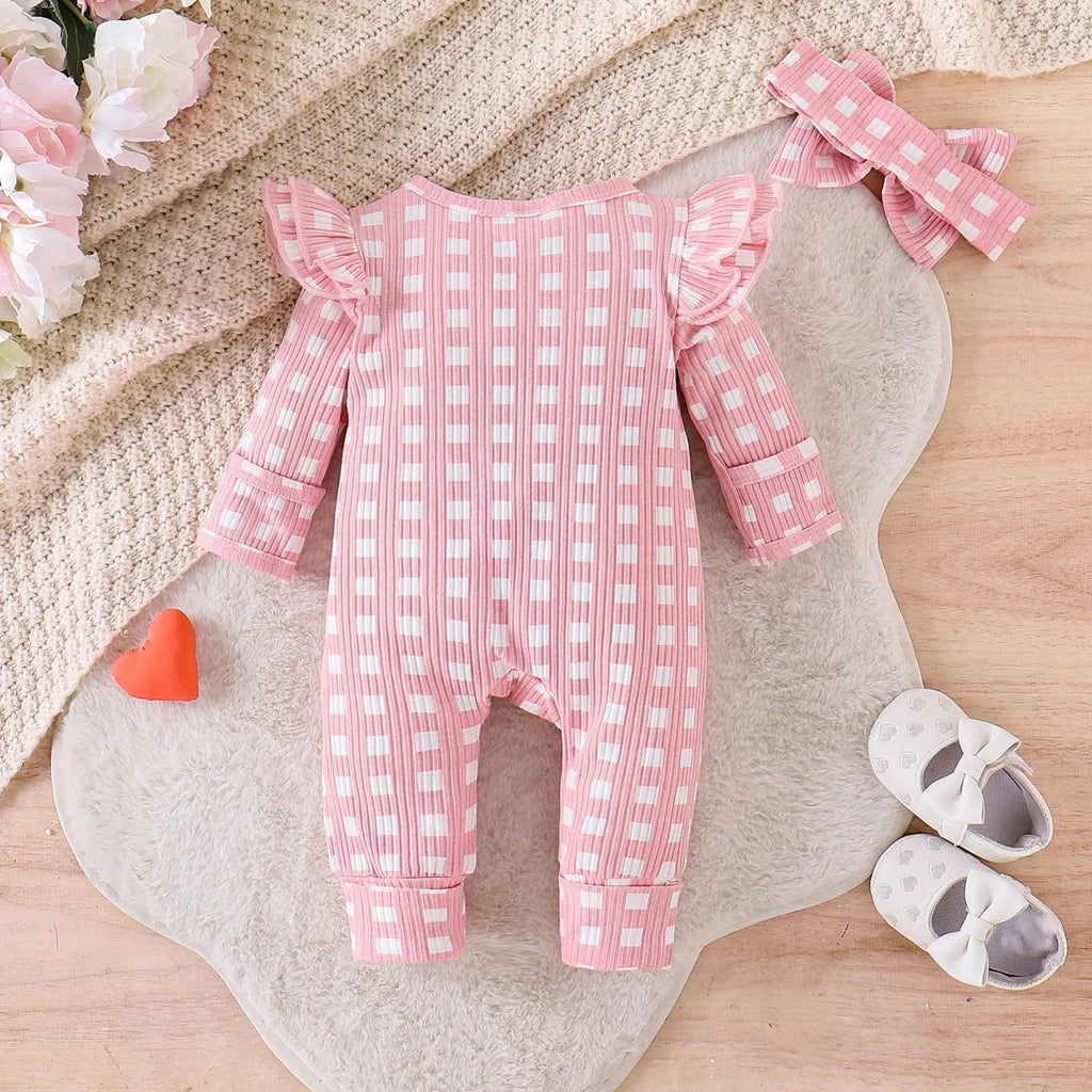 Cotton baby girl plaid long-sleeved romper in pink for spring autumn wear