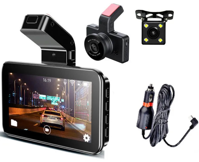 3-inch HD car dashboard camera DVR unit with separate rear camera and step-down cable for installation.