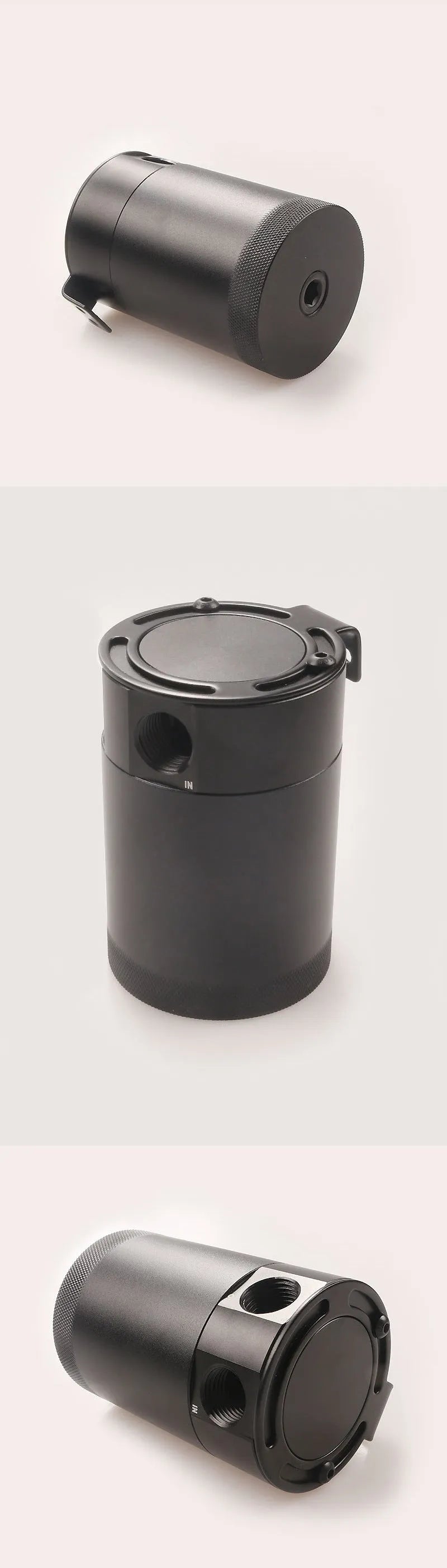 Black aluminium automotive oil pot with oil-free valve and two connector fittings