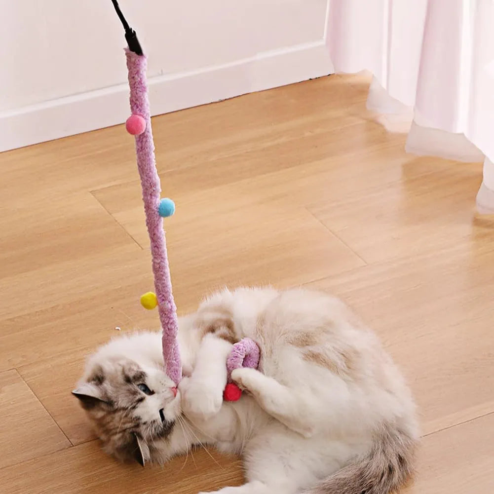 Blue interactive cat wand toy with a long plush strip and fluffy ball with bells.