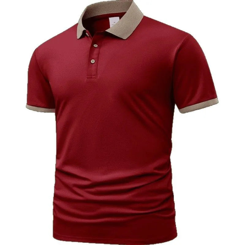 Men's summer polo shirt with short sleeves, lapel collar, flocking print detail, ice silk polyester fabric, in six colours.