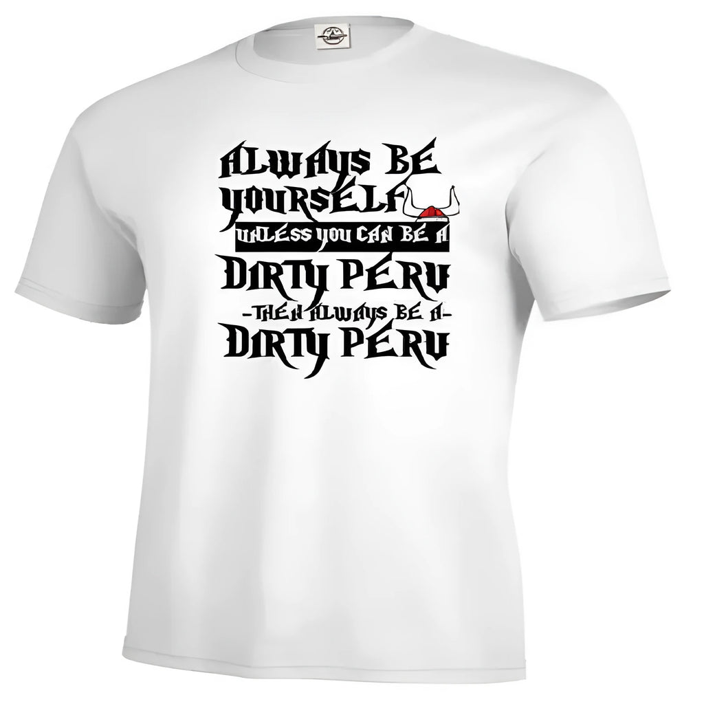 Men's solid white printed short sleeve polyester t-shirt on hanger showing front design