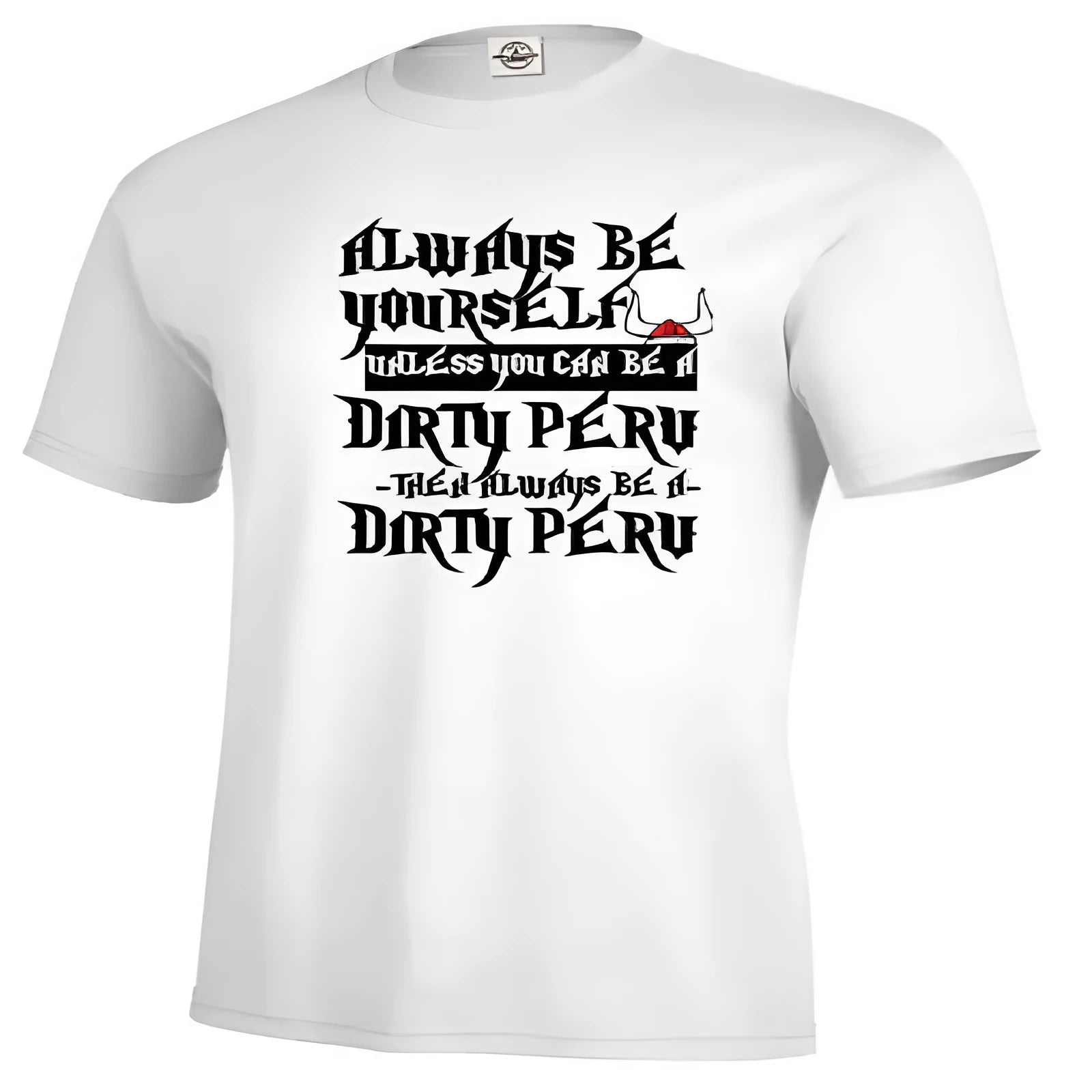 Men's solid white printed short sleeve polyester t-shirt on hanger showing front design