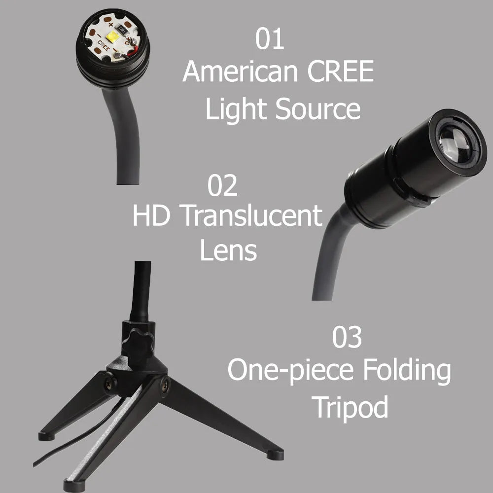 Earth and Moon projector lamp with flexible hose bracket on a table, showing USB cable