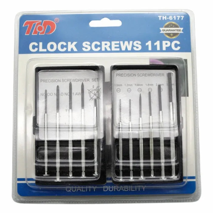 TH-6177 11-piece clock repair screwdriver set with cross and slotted heads on a grey background.