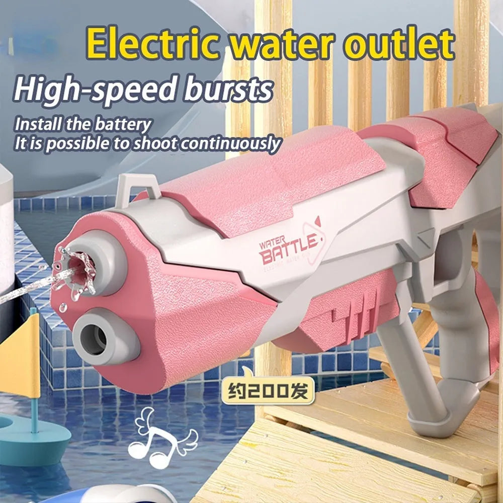 Blue and pink Space Water Gun electric toy with USB charging cable on a blue background.