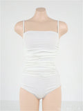 Sling style one-piece swimsuit with belly pleats in slim fit, available in black, blue, white, and yellow.