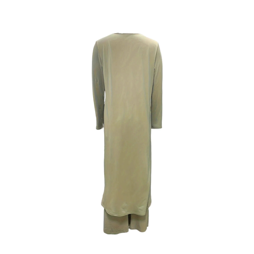 Long sleeve two-piece lounge set in black, blue, or khaki with loose round neck shirt and matching trousers