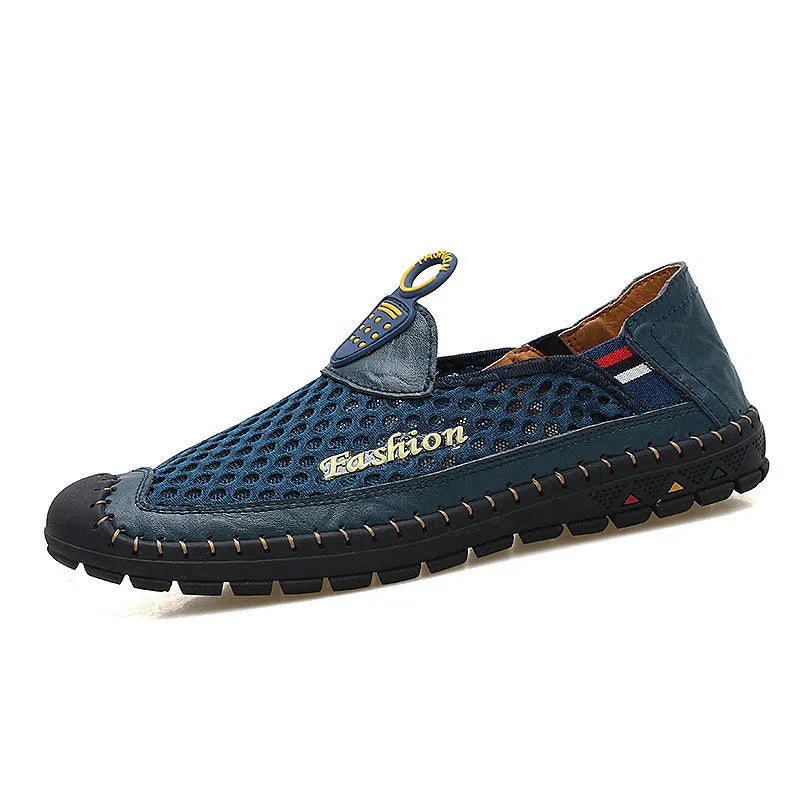 Men's brown casual breathable mesh shoes with round toe and rubber sole.