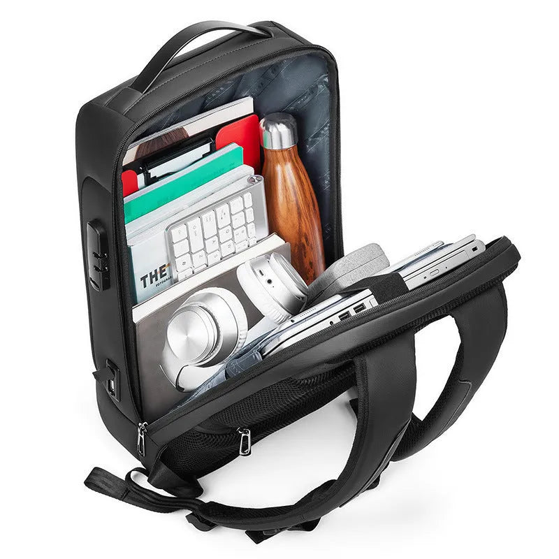Men's business travel backpack in black Oxford cloth with large capacity and air pillow belt
