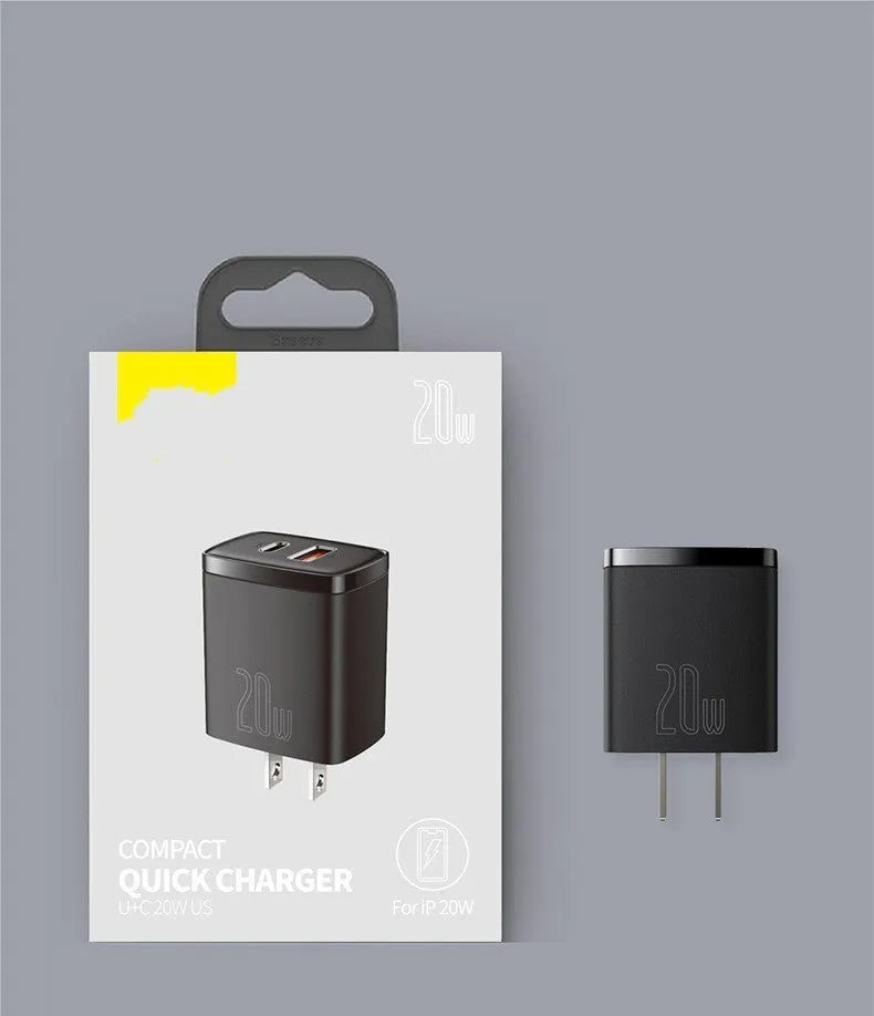 Mini Quick Charge 3.0 USB-C wall charger with American Standard plug, 240V input, 61.7x40x28mm, black or white