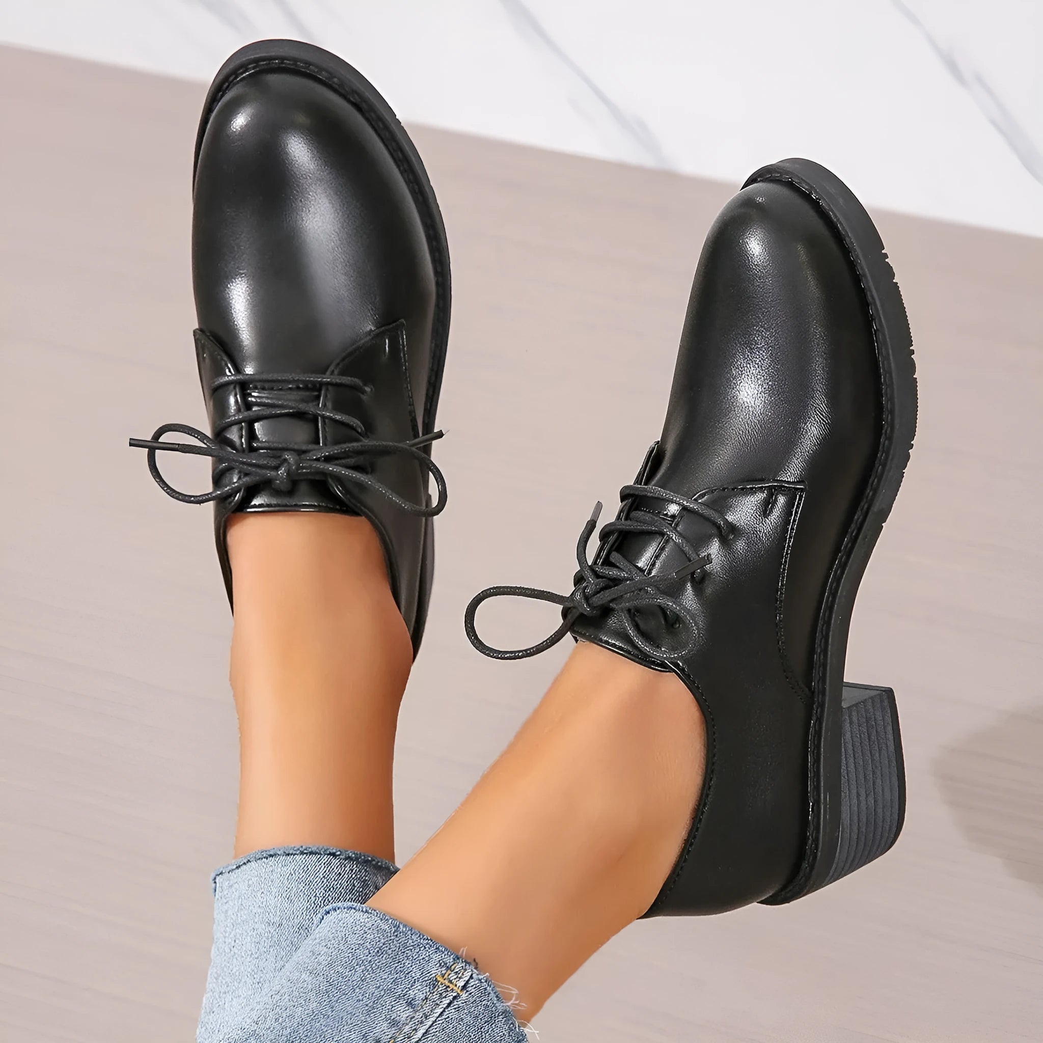 Black women's work shoes with thick rubber sole and chunky 3-5cm heel