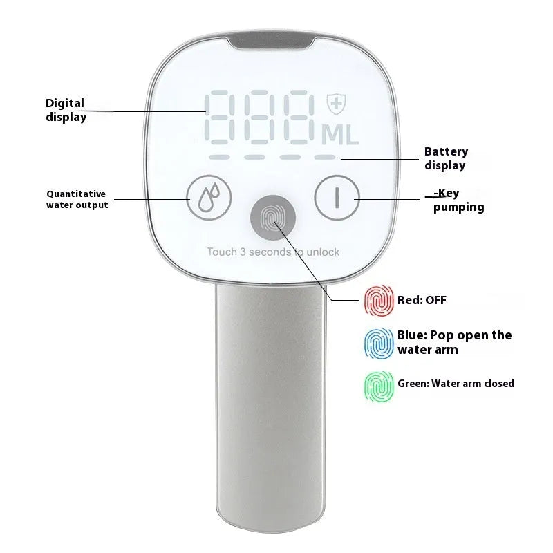 Folding water pump with LCD touch screen, 4W 5V, white or black base, for bucket or table use.