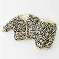 Children's fleece thickened winter baby clothes set, two-piece jacket and trousers, khaki floral, brown flower, leopard print, 73-110cm