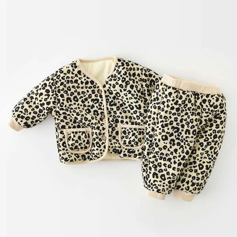 Children's fleece thickened winter baby clothes set, two-piece jacket and trousers, khaki floral, brown flower, leopard print, 73-110cm