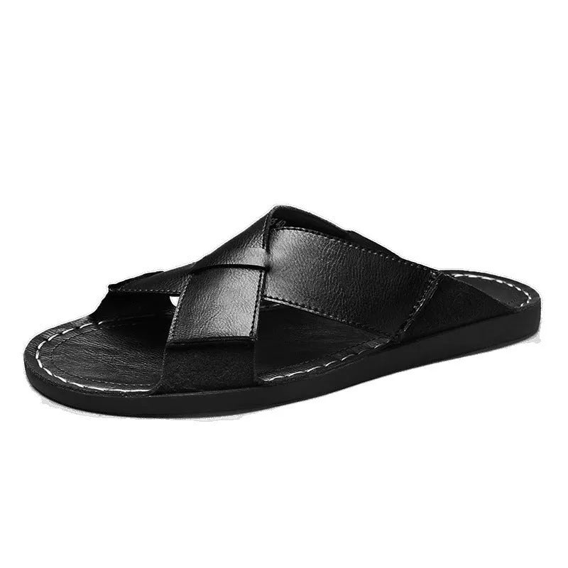 Men's black pigskin leather slip-on sandals with open design and rubber soles