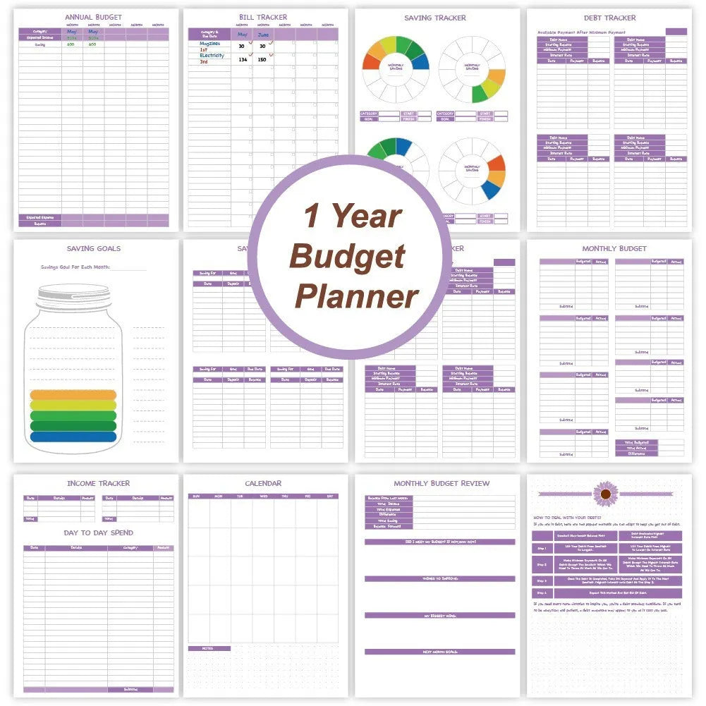 Purple coil-bound budget notebook with pen and stickers for financial planning