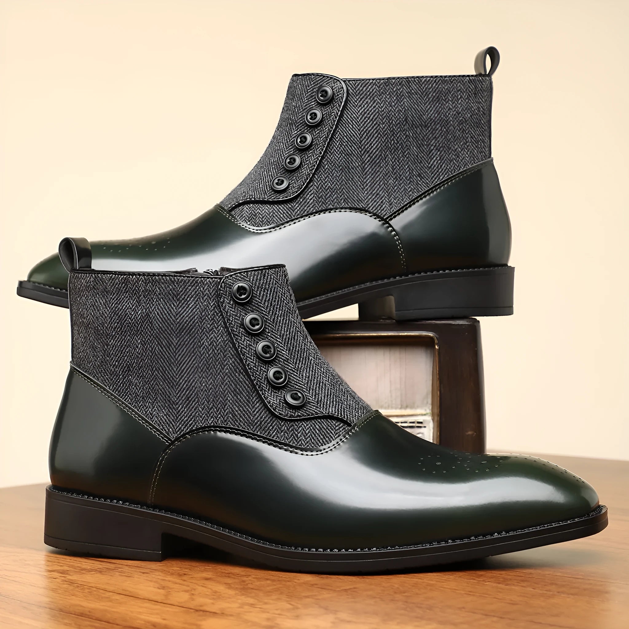 Men's brown retro formal shoes with side zipper and square heel design