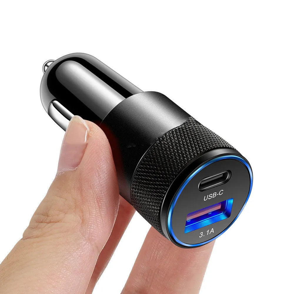 Aluminium alloy car phone charger with compact 2.5 by 6 cm dimensions